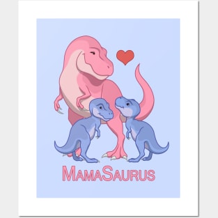 MamaSaurus T-Rex Mommy & Twin Baby Boy Dinosaurs Posters and Art